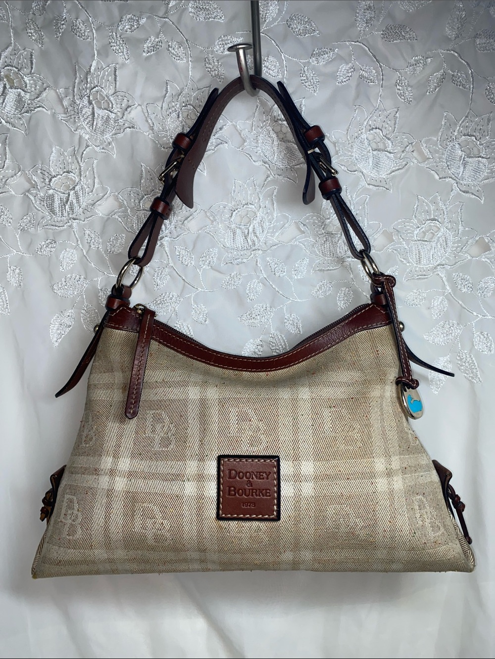 Dooney & Bourke Beige Canvas Shoulder Bag with Brown Leather Trim
